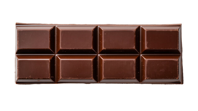 Isolated sweet rectangular segmented dark chocolate bar, rich cocoa dessert, tasty confection