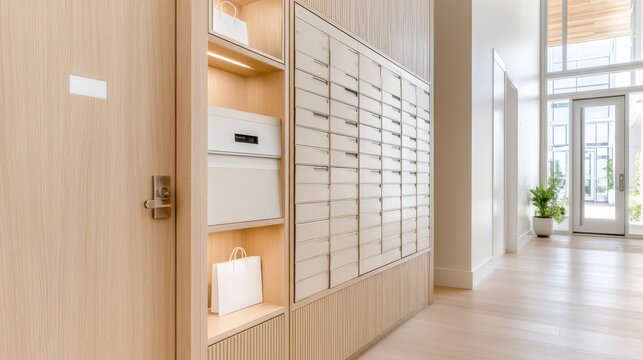 Modern residential mailroom with parcel lockers and wooden interior for apartment lobby background, real estate listing banner and website design