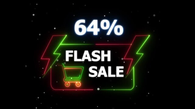 Flash Sale 64 Percent Discount Neon Banner Animation. neon sign Glowing light banner background. Text flash sale by neon lights sign board 4k animation