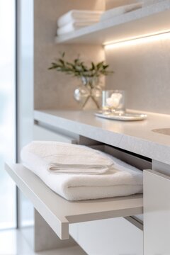 Folded towels floating bathroom shelf with green plant and candle for minimalist spa decor background and interior styling mockup