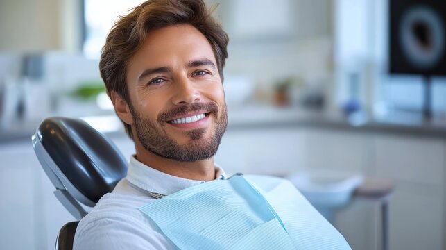 adult patient seated in a dental chair wearing a protective bib in a bright modern dental clinic appearing calm and slightly apprehensive