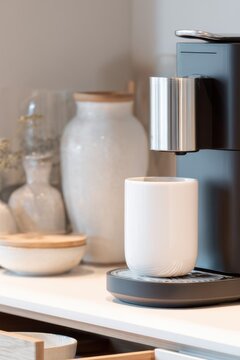 Modern coffee maker and ceramic mug on kitchen counter for coffee preparation lifestyle and beverage design background