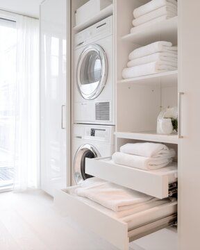 Bright modern laundry with stacked washer and dryer and folded white towels for home laundry background and interior design