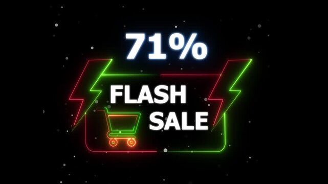 Flash Sale 71 Percent Discount Neon Banner Animation. blinking color for store or bar, Text flash sale by neon lights sign board 4k animation on black background