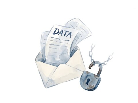 Watercolor Illustration of Open Data Documents and Padlock for Information Digital Security Concept