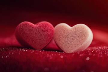 Obraz premium two heart-shaped textured foam pieces, one red and one pale pink, resting on glittering red fabric with soft bokeh lighting, evoking romance and tenderness