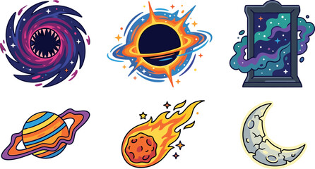 Cute Sci-Fi Cosmic Space Vector Sticker Set with Monster Black Hole, Solar Eclipse, Galaxy Portal, Saturn Planet, Flaming Meteor, and Broken Crescent Moon © Md