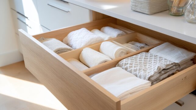 Organized linen drawer with wooden dividers, folded towels and neutral textiles for interior design, closet storage and drawer organization background