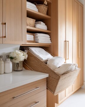 Minimalist linen storage closet with woven baskets and stacked white towels for home organization design catalog and interior background