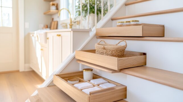 Built stair drawers with woven basket and labeled jars for entryway storage and home organization design background
