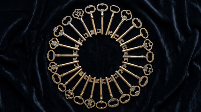 Vintage brass keys background arranged in circular radial starburst pattern, dark ornamental security backdrop, secret access texture for escape room banner and antique design wallpaper