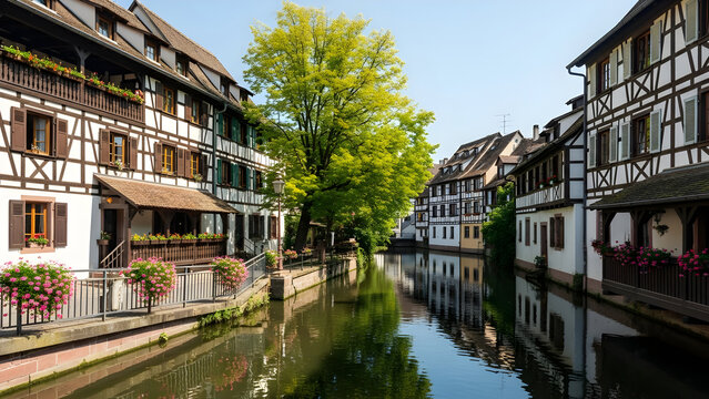 Scenic half-timbered houses along a peaceful canal in the historic district of Petite France in Strasbourg France on a bright sunny day