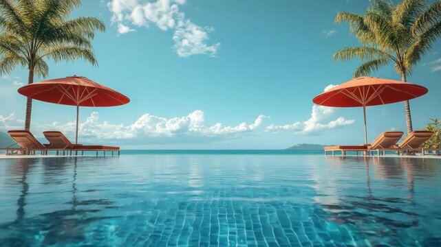 Serene tropical infinity pool view with palm trees and red umbrellas