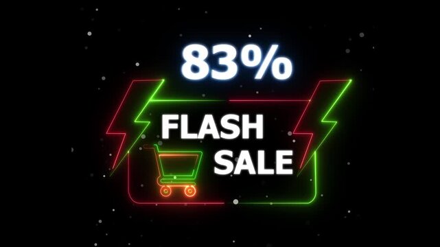 Flash Sale 83 Percent Discount Neon Banner Animation. blinking color for store or bar, Text flash sale by neon lights sign board 4k animation on black background