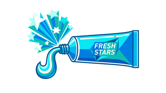 Fresh Stars toothpaste tube illustration with exploding stars and toothpaste swirl