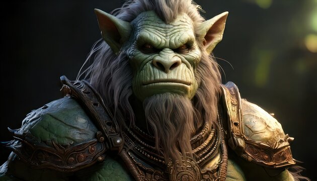 Detailed Portrait of a Fierce Orc Warrior in Armor.