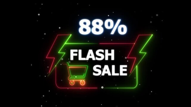 Flash Sale 88 Percent Discount Neon Banner Animation. blinking color for store or bar, Text flash sale by neon lights sign board 4k animation on black background