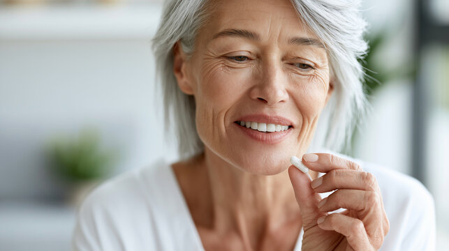 Smiling mature woman take a white medicine capsule for daily healthcare.