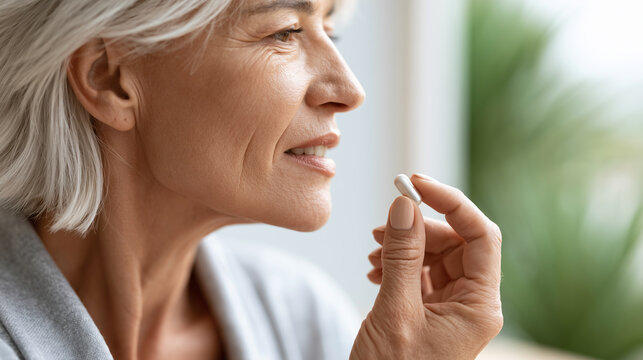 Side profile view of a smiling senior woman holding a white pill.