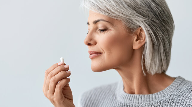 Close up side profile of a middle-aged woman holding a white capsule near her face.