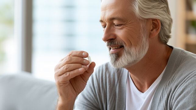 Smiling senior man holding a white pill capsule before taking his daily medication.