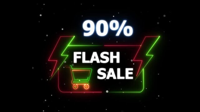 Flash Sale 90 Percent Discount Neon Banner Animation. blinking color for store or bar, Text flash sale by neon lights sign board 4k animation on black background