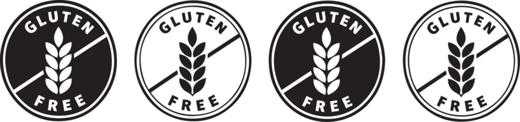 Set of gluten free circular badges , seals with crossed wheat stalk for food allergy , diet label design  © Tanveer