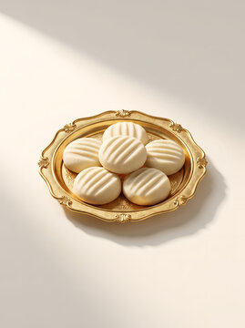 Golden tray filled with delicious butter cookies with striped patterns, perfect for a tea party or a sweet snack