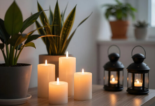 Four lit pillar candles and two decorative lanterns on a wooden table with houseplants, creating a cozy home atmosphere, the soft