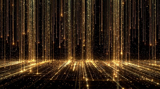 Elegant golden light streams cascade downwards, creating a luxurious and shimmering abstract background for awards and celebrations