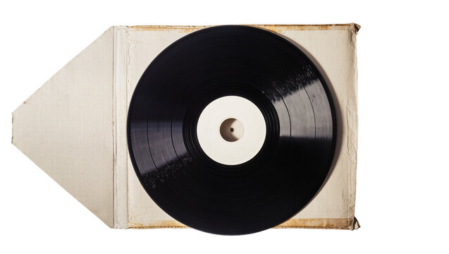 Isolated close-up of a vintage black vinyl record album partially removed from worn sleeve