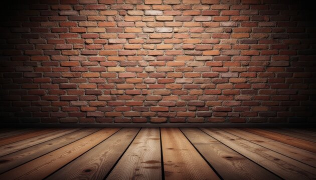 A rustic interior scene with a textured red brick wall and dark wooden floorboards in perspective