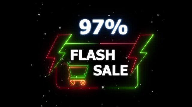Flash Sale 97 Percent Discount Neon Banner Animation. blinking color for store or bar, Text flash sale by neon lights sign board 4k animation on black background