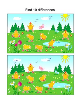 Picture puzzle: Find seven differences between the two pictures of cute little chicks feeding outdoor. Answer included.
