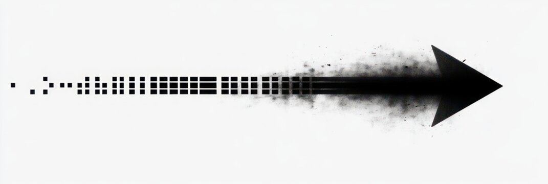 dynamic black arrow composed of small pixels and squares fading into a solid smoky arrowhead, conveying motion, transformation and forward direction