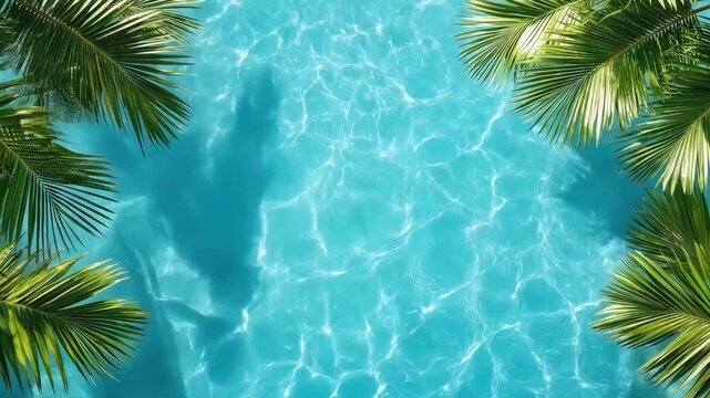 Sunlit tropical pool with rippling water and green palm leaves