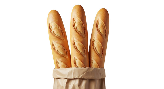 Three fresh baguettes in paper bag isolated on white background