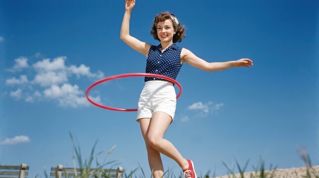 Woman playing with hula hoop outdoors. Retro style girl in vintage outfit having fun on summer day. Active lifestyle, leisure and nostalgia concept. Healthy fitness and play activity.