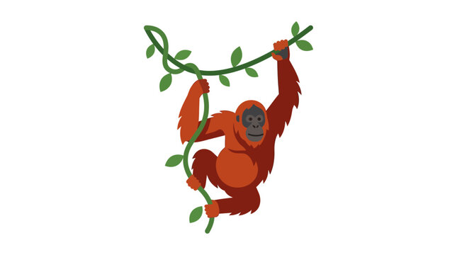 Friendly Orangutan Swinging on a Vine - Flat Design Illustration