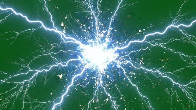 Electrical Fire Spark Explosion Green Screen. Intense electric explosion with fire sparks and electric arcs on chroma key green screen.