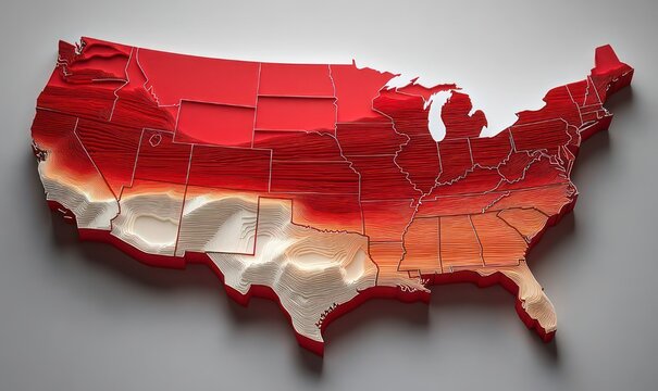three-dimensional layered red and orange topographic map of the contiguous united states with pronounced state borders, sculpted contour ridges, deep shadows and a dramatic warm mood