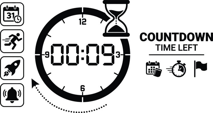 Countdown time left concept with digital clock inside a circle, hourglass, and other timer-related icons.