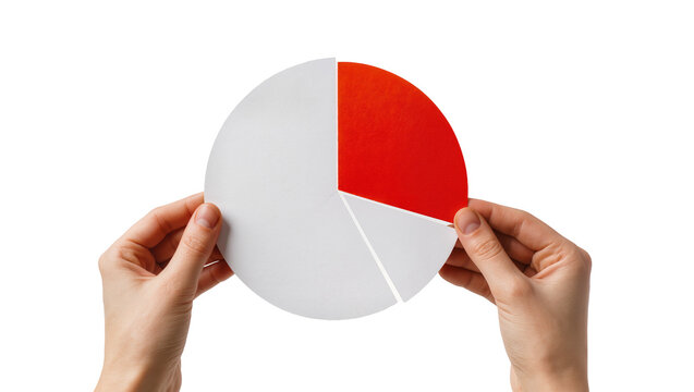 Isolated hands holding a pie chart with a red quarter segment, business analysis concept