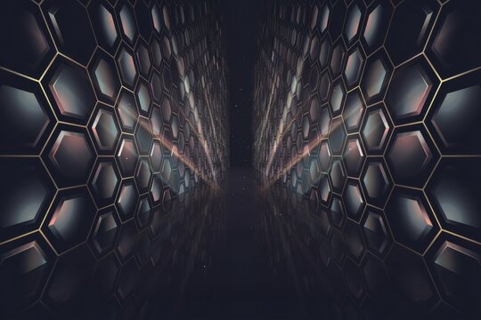 Abstract 3d background, featuring dark metallic, hexagonal tiles with, glowing gold edges, arranged in a, perspective tunnel view, for futuristic tech