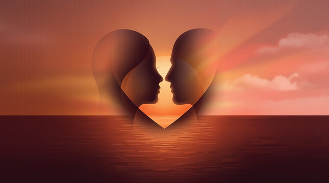 Silhouette couple in love facing each other sunset background
