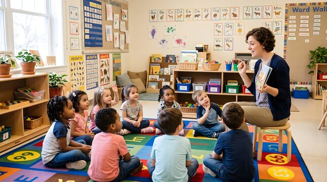 A friendly female teacher sitting on a chair and talking to a diverse group of young children sitting on a colorful carpet in a bright and cheerful preschool classroom setting