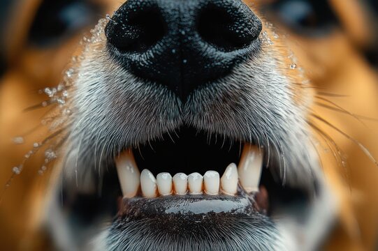 Extreme close-up of a dog's wet black nose, bared teeth and whiskers with water droplets, showing an intense, alert and slightly fierce expression