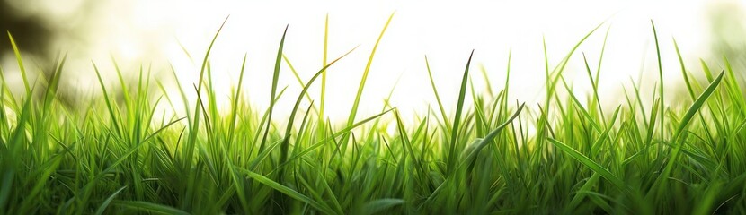 Obraz premium close-up of fresh green grass blades bathed in warm sunlight with soft bright bokeh background, evoking calm, renewal and morning freshness