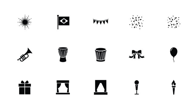 Celebration icons collection featuring party elements and festive symbols in minimalist black design with decorative bows against neutral background