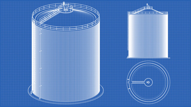 Large Biogas tank - technical drawing blueprint. side and top view and perspective view. 3D rendering isolated on blue background. Ideal for professionals, educational, engineering design